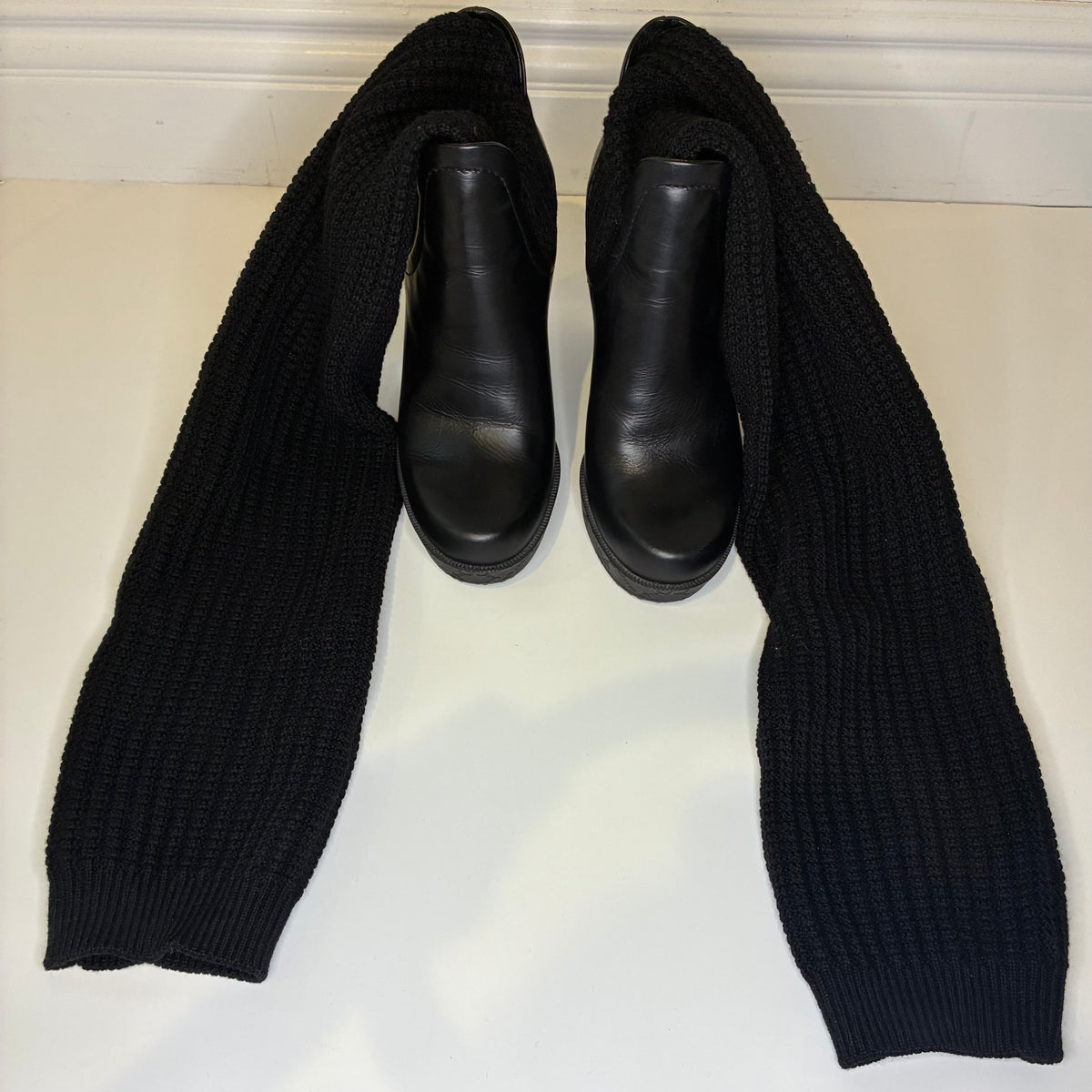 Gucci Knee-High Knit & Leather Wedge Boots Size-7