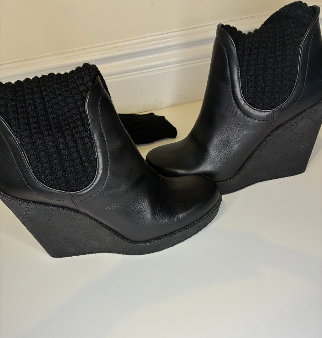 Gucci Knee-High Knit & Leather Wedge Boots Size-7