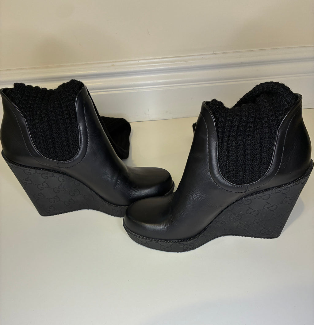 Gucci Knee-High Knit & Leather Wedge Boots Size-7