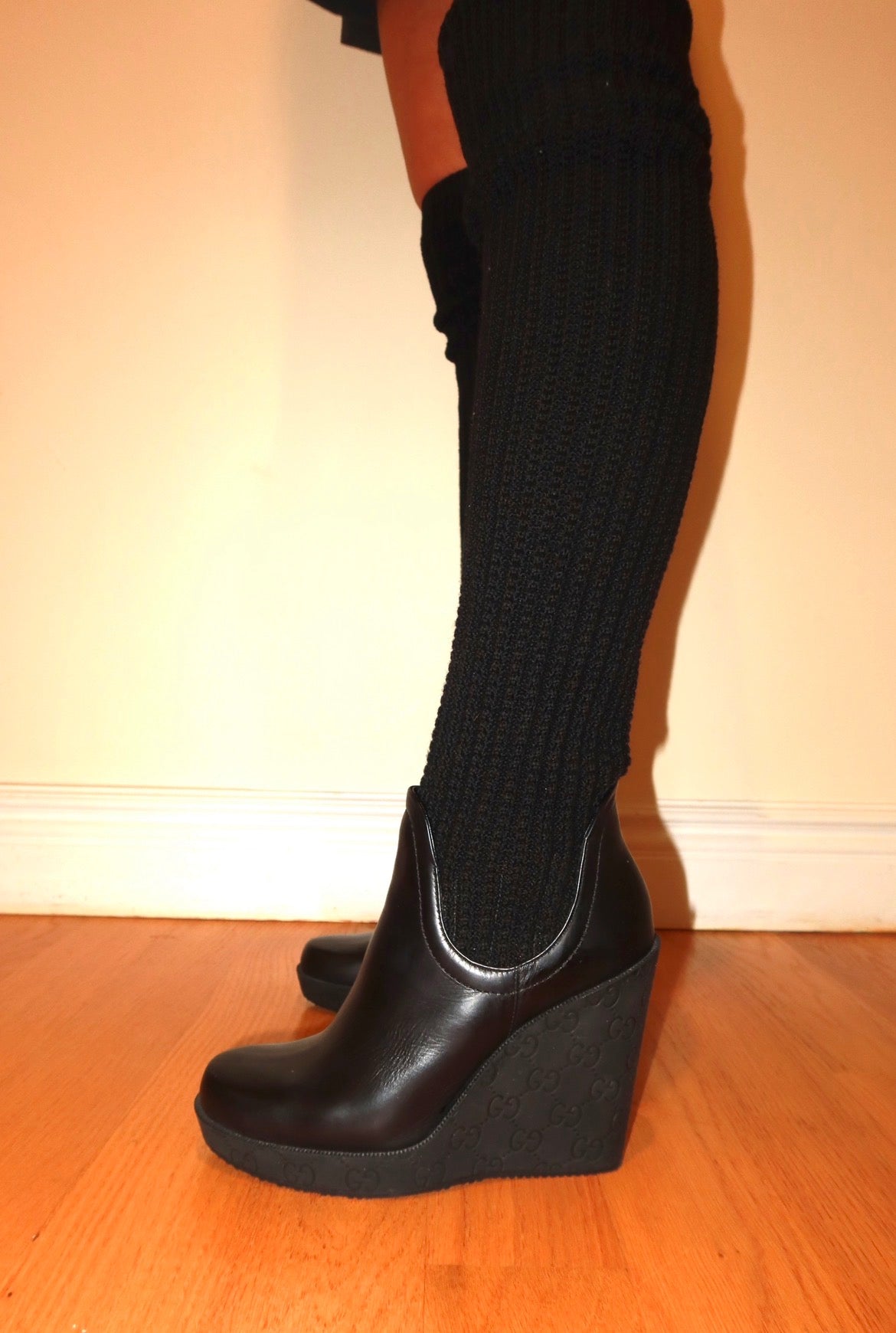 Gucci Knee-High Knit & Leather Wedge Boots Size-7