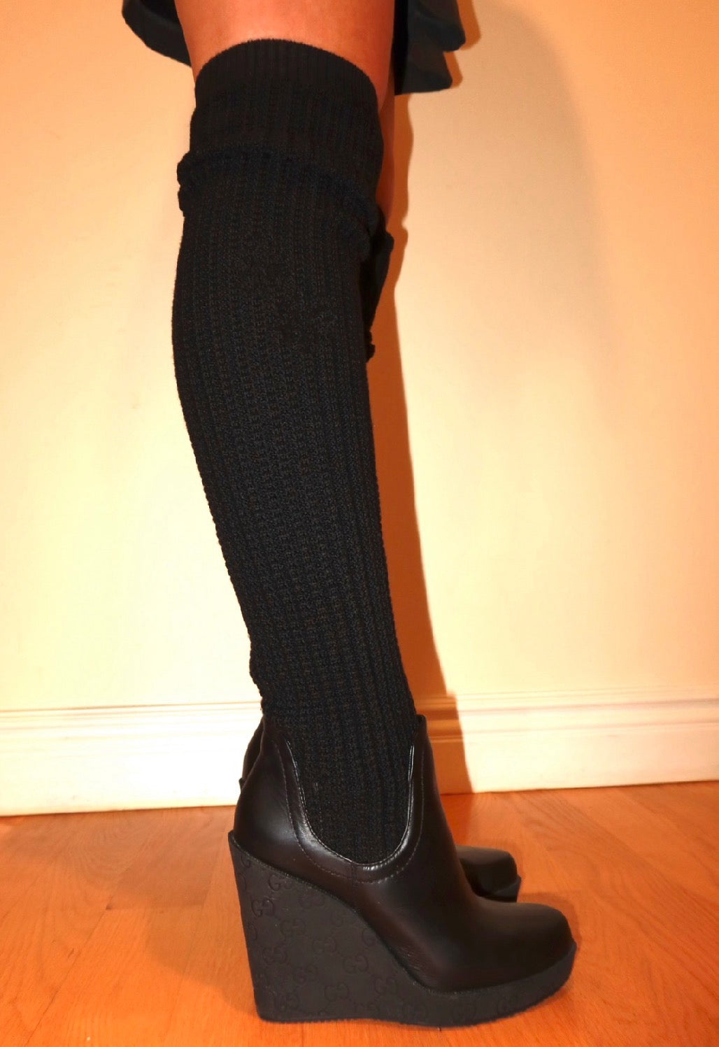 Gucci Knee-High Knit & Leather Wedge Boots Size-7